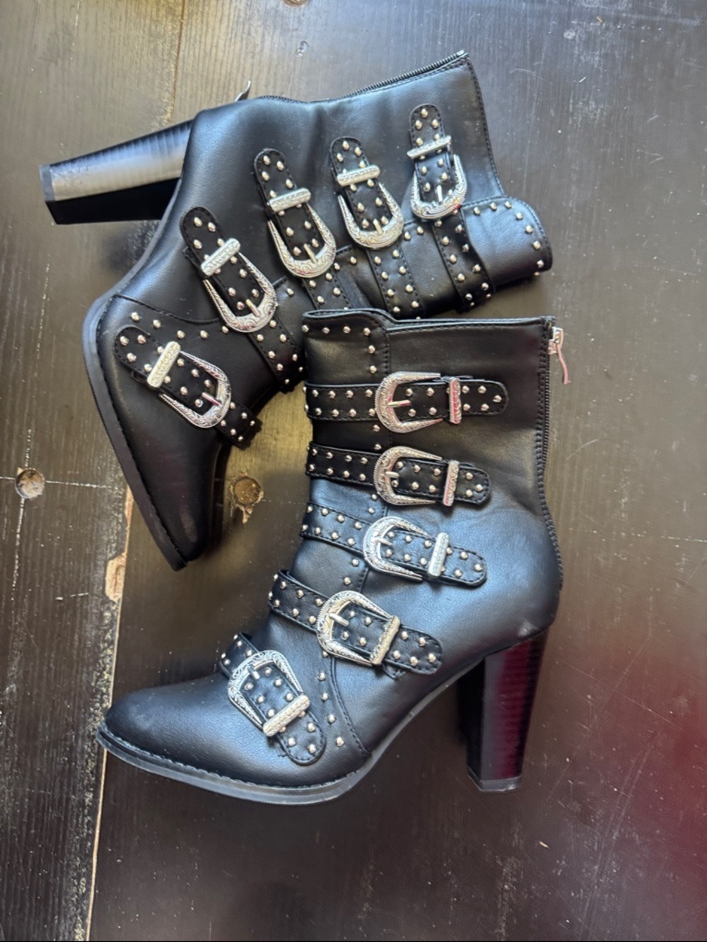 Women's Black Studded Buckle Ankle Booties
